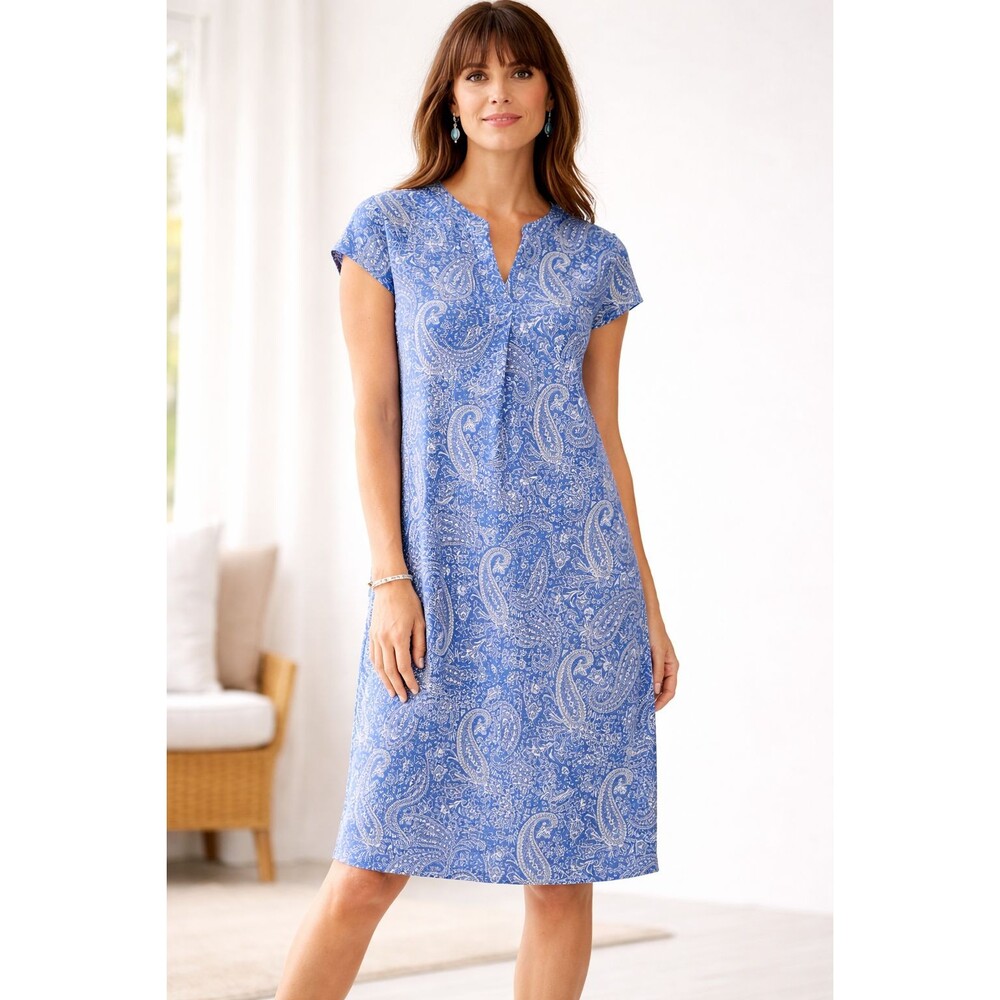 J.Jill Blue Grey Paisley Print Dress Cotton Tencel Modal Stretch Cap Sleeve XS